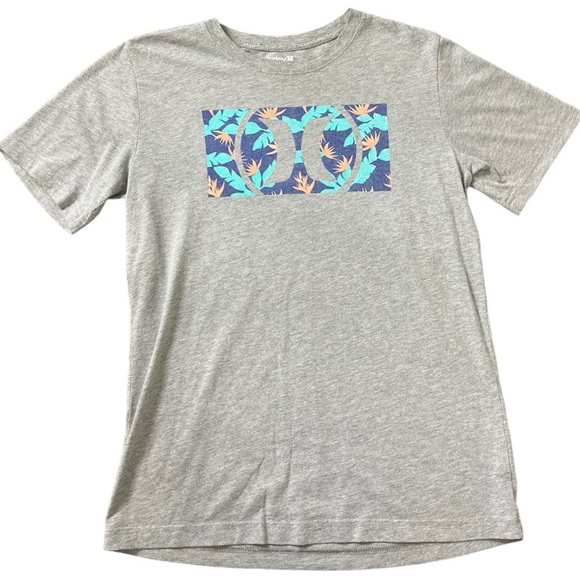 HURLEY Tropical Palm Print Logo Tee With Scoop Neck & Cap Sleeves Grey 13-15Y - Picture 1 of 9